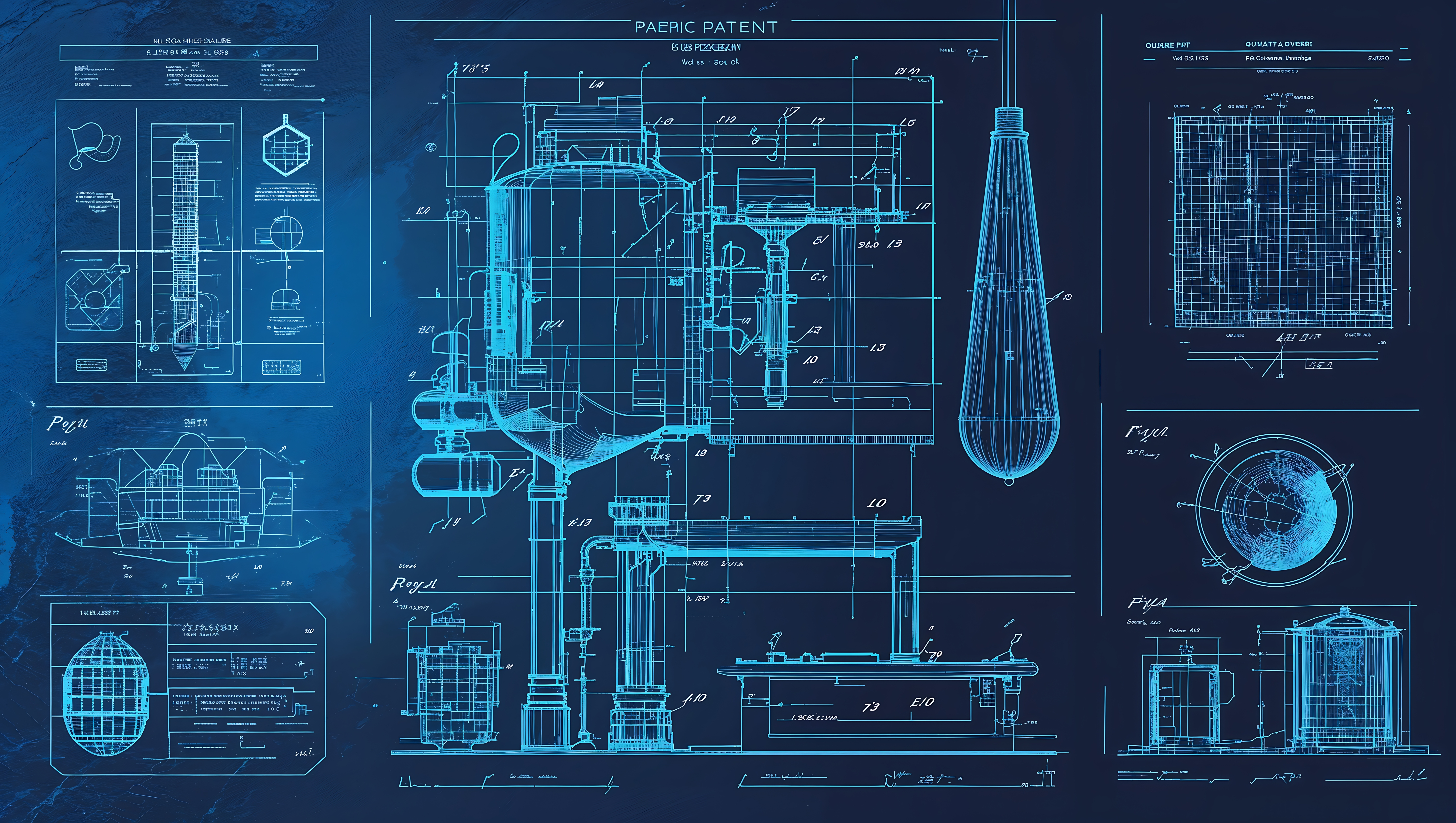 Glossy patent blueprint texture, technical vector background, cyanotype.