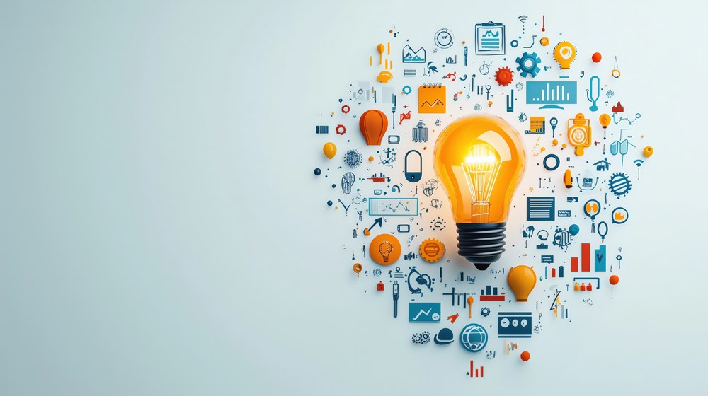 Idea bulb. Digital marketing innovations. Exploring new tools. Flat design illustration. Multiple colors.